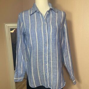 H&M 100% Linen Blue White Stripe Button Down Shirt Lightweight XS